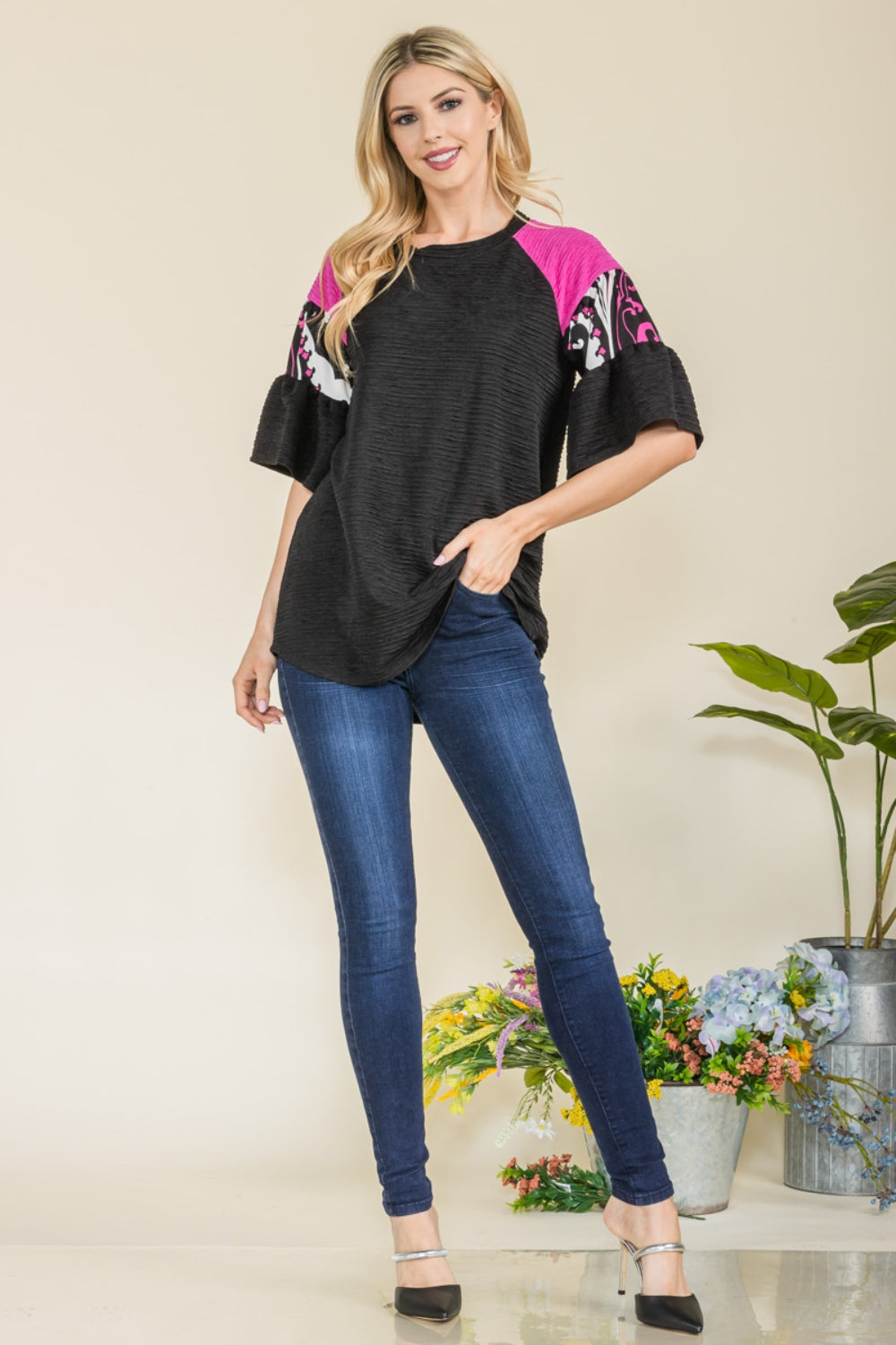 Texture Printed Color Block Top